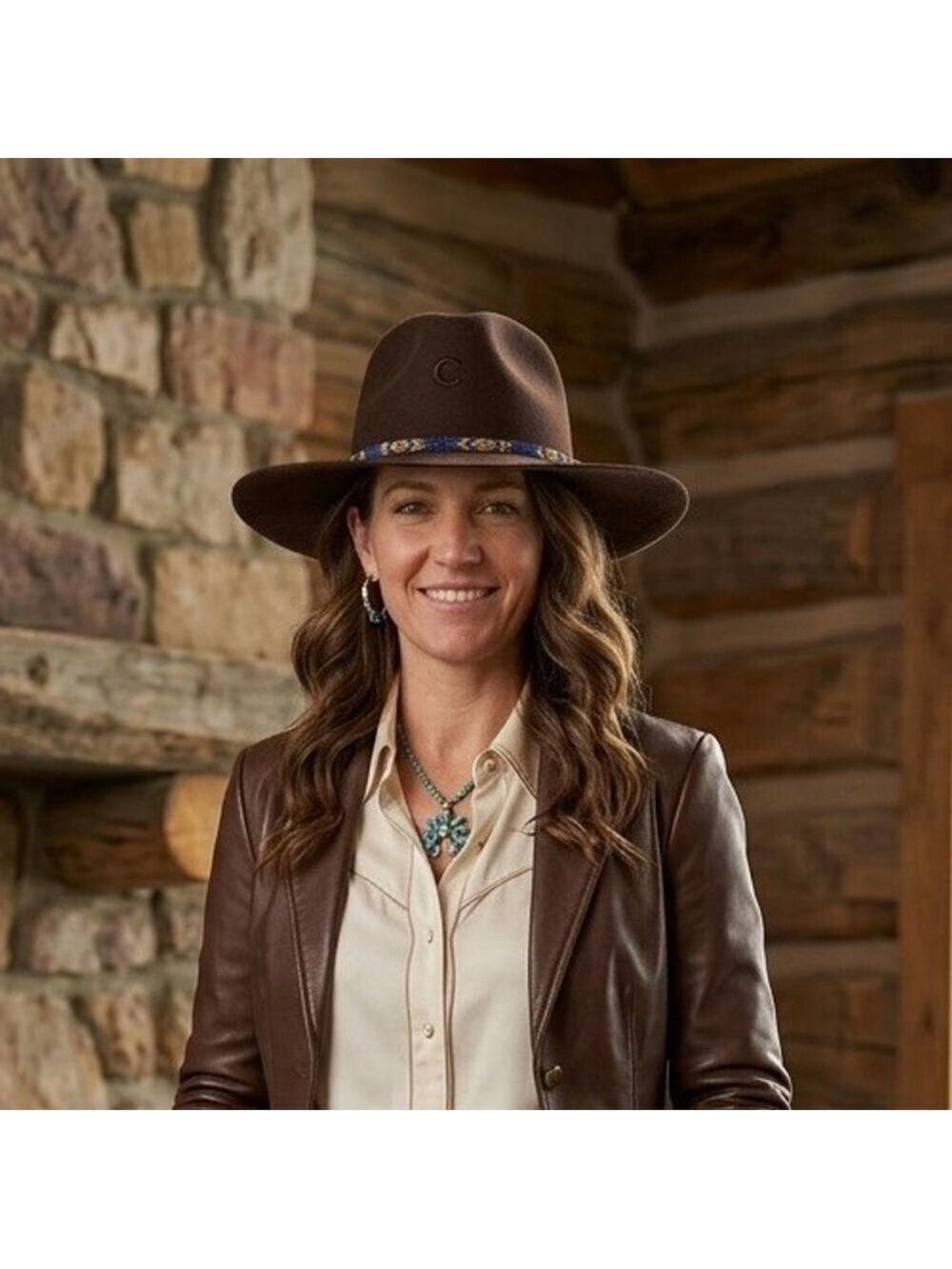 Charlie 1 Horse Felt Hat Cowboy Brown Aztec Bead Band Women’s Large Horseshoe